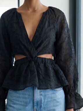 $185 Organza black top w cut outs from Something Navy semi sheer arms S